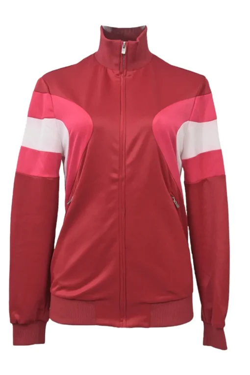 Red polyester-blend two-piece tracksuit with funnel collar zip-up jacket and high-rise wide-leg pants
