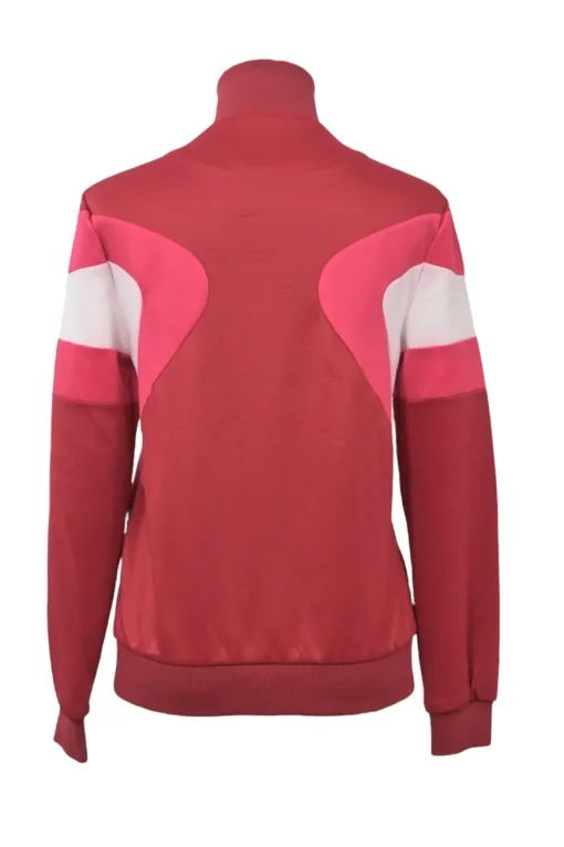 Red polyester-blend two-piece tracksuit with funnel collar zip-up jacket and high-rise wide-leg pants