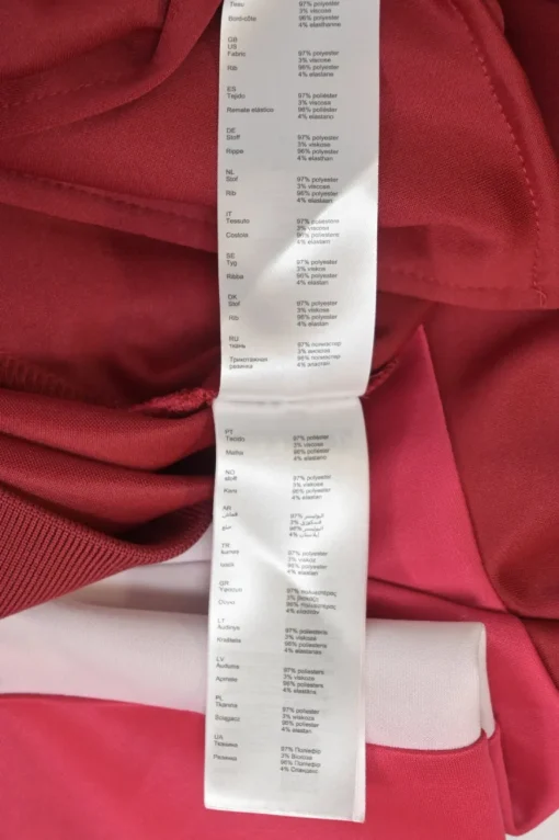 Red polyester-blend two-piece tracksuit with funnel collar zip-up jacket and high-rise wide-leg pants