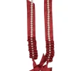 Red satin and faux pearl bead and draped ribbon necklace