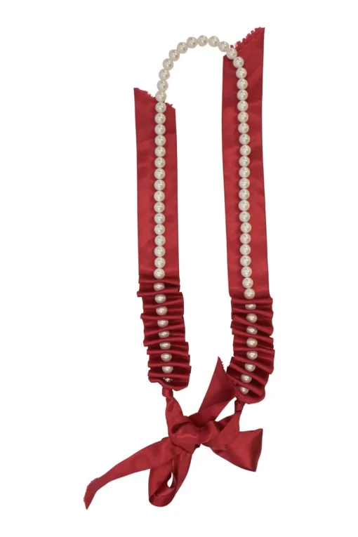 Red satin and faux pearl bead and draped ribbon necklace