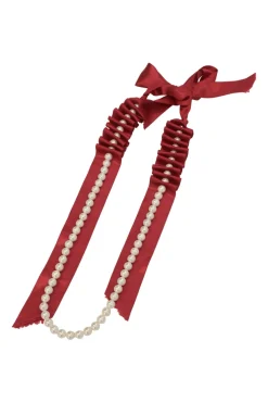 Red satin and faux pearl bead and draped ribbon necklace