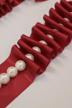 Red satin and faux pearl bead and draped ribbon necklace