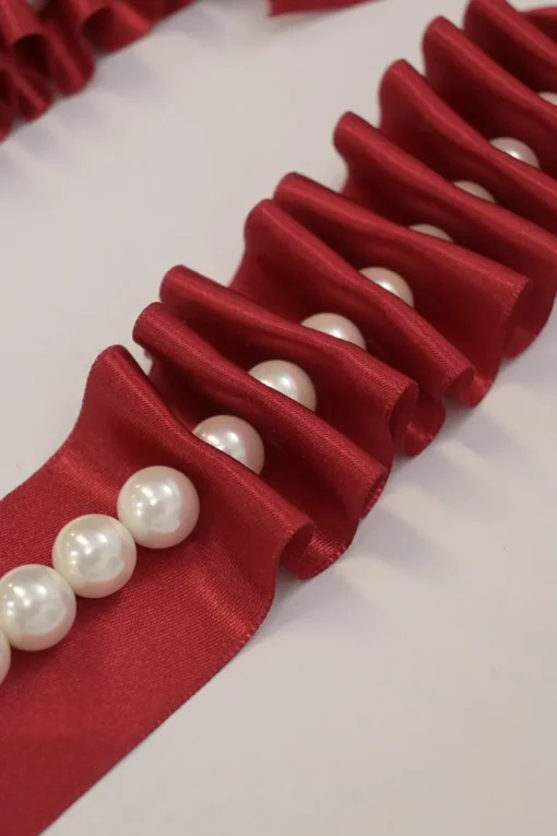 Red satin and faux pearl bead and draped ribbon necklace