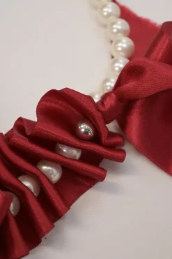 Red satin and faux pearl bead and draped ribbon necklace