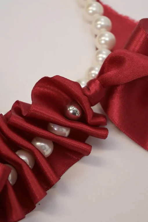 Red satin and faux pearl bead and draped ribbon necklace