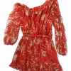 Red semi-sheer crinkle silk floral print slip-on off-shoulder belted ruffle romper with blouson sleeves
