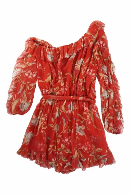Red semi-sheer crinkle silk floral print slip-on off-shoulder belted ruffle romper with blouson sleeves