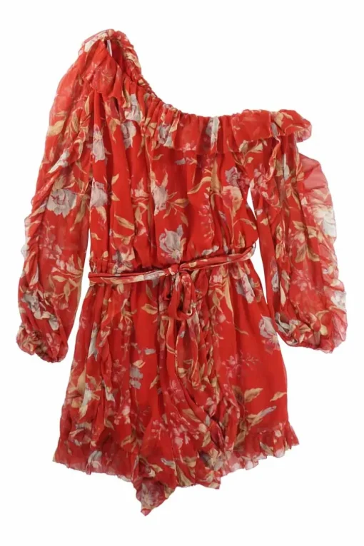 Red semi-sheer crinkle silk floral print slip-on off-shoulder belted ruffle romper with blouson sleeves