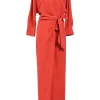 Red silk canvas plunge Gattoni wrap-effect jumpsuit with dolman sleeves