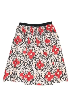 Red silk floral print pull-on A-line circle knee-length skirt with contrast waistband