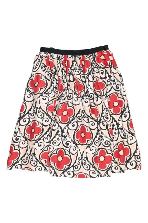 Red silk floral print pull-on A-line circle knee-length skirt with contrast waistband