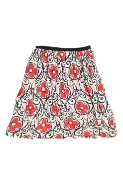 Red silk floral print pull-on A-line circle knee-length skirt with contrast waistband