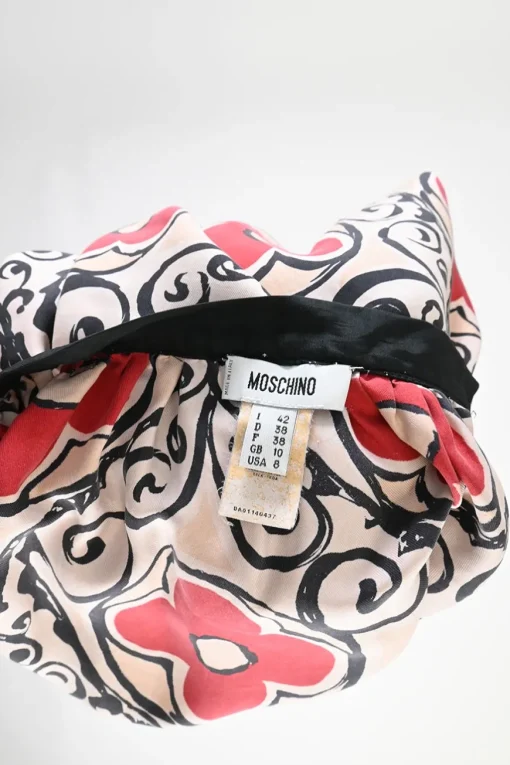 Red silk floral print pull-on A-line circle knee-length skirt with contrast waistband