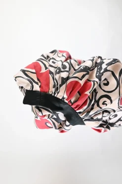 Red silk floral print pull-on A-line circle knee-length skirt with contrast waistband