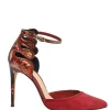 Red suede and python skin pointed-toe buckle strap exotic D'Orsay pumps