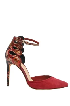 Red suede and python skin pointed-toe buckle strap exotic D'Orsay pumps