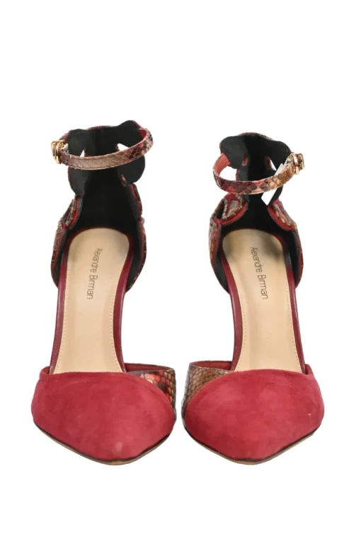 Red suede and python skin pointed-toe buckle strap exotic D'Orsay pumps