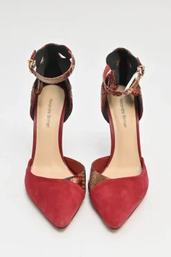 Red suede and python skin pointed-toe buckle strap exotic D'Orsay pumps