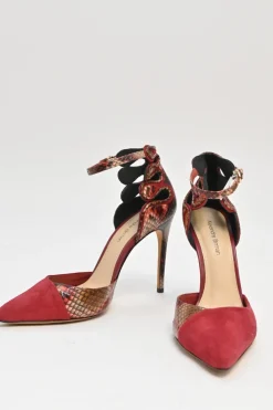 Red suede and python skin pointed-toe buckle strap exotic D'Orsay pumps