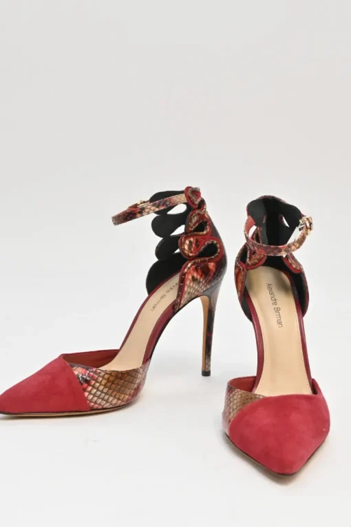 Red suede and python skin pointed-toe buckle strap exotic D'Orsay pumps