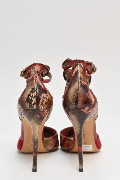 Red suede and python skin pointed-toe buckle strap exotic D'Orsay pumps