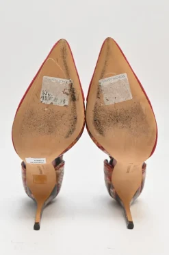 Red suede and python skin pointed-toe buckle strap exotic D'Orsay pumps
