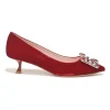 Red velvet and leather Brochamour pointed-toe court pumps with crystal-embellished vamp buckle and lacquered heels