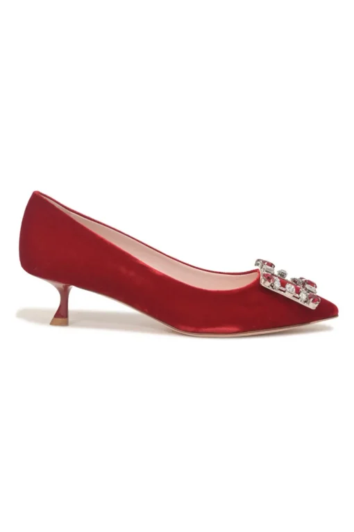 Red velvet and leather Brochamour pointed-toe court pumps with crystal-embellished vamp buckle and lacquered heels