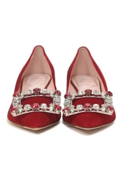 Red velvet and leather Brochamour pointed-toe court pumps with crystal-embellished vamp buckle and lacquered heels