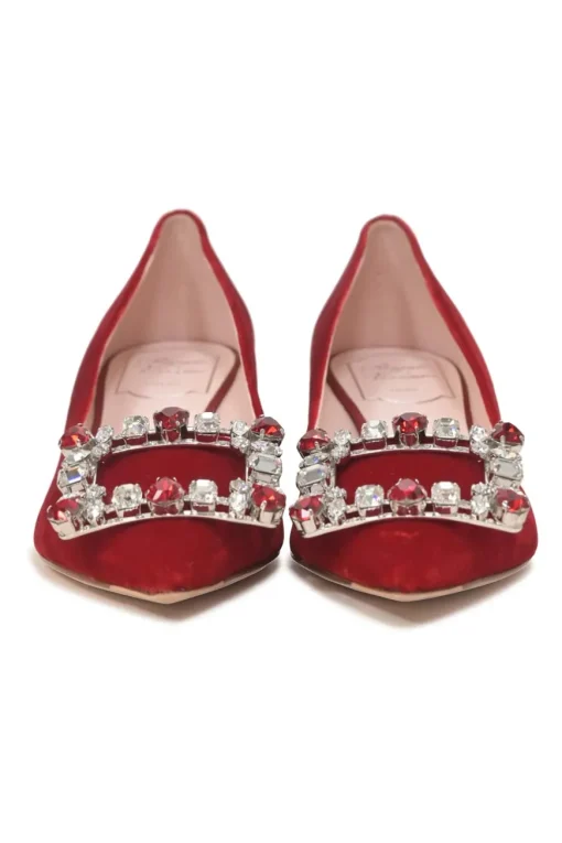 Red velvet and leather Brochamour pointed-toe court pumps with crystal-embellished vamp buckle and lacquered heels