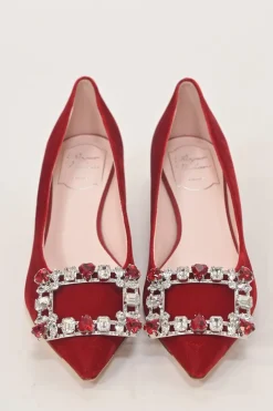 Red velvet and leather Brochamour pointed-toe court pumps with crystal-embellished vamp buckle and lacquered heels