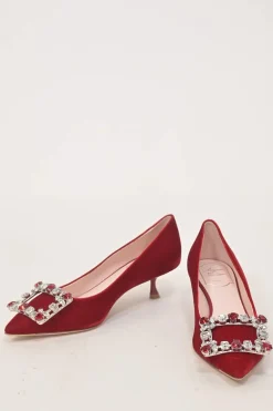 Red velvet and leather Brochamour pointed-toe court pumps with crystal-embellished vamp buckle and lacquered heels