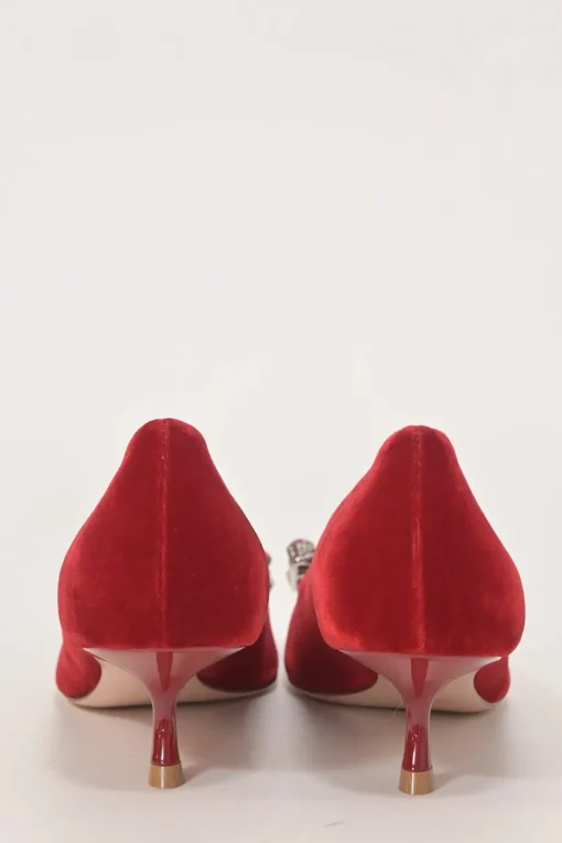 Red velvet and leather Brochamour pointed-toe court pumps with crystal-embellished vamp buckle and lacquered heels
