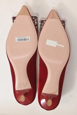 Red velvet and leather Brochamour pointed-toe court pumps with crystal-embellished vamp buckle and lacquered heels