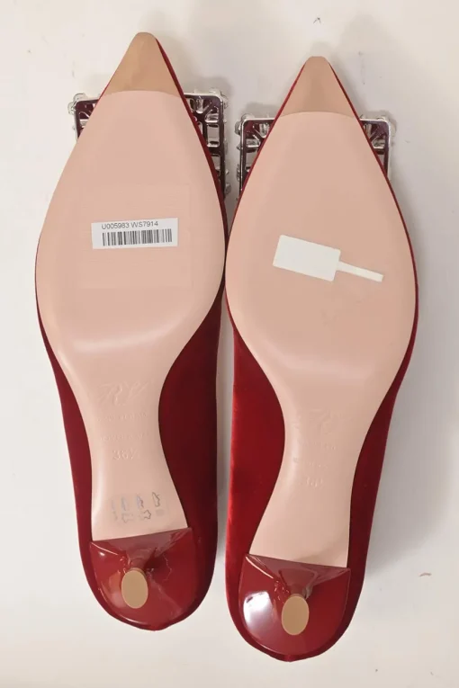 Red velvet and leather Brochamour pointed-toe court pumps with crystal-embellished vamp buckle and lacquered heels