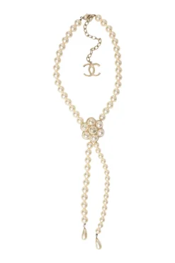 Resin faux pearl and gold-finish metal floral lariat necklace with lobster clasp closure