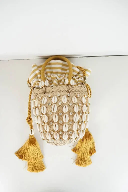 Riviera Mini Tasseled Crystal Embellished Raffia And Canvas Bucket Bag