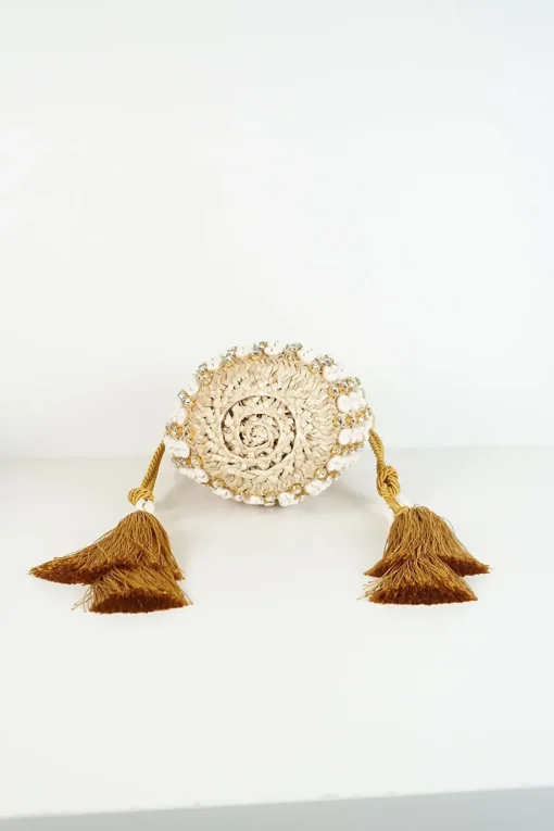 Riviera Mini Tasseled Crystal Embellished Raffia And Canvas Bucket Bag