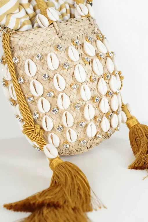 Riviera Mini Tasseled Crystal Embellished Raffia And Canvas Bucket Bag