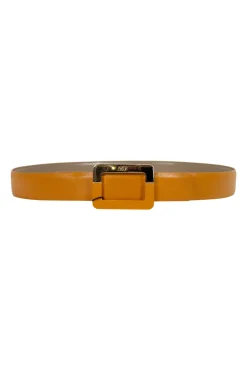 Roger Vivier mustard color leather belt, with signature rectangular belt in gold tone metal