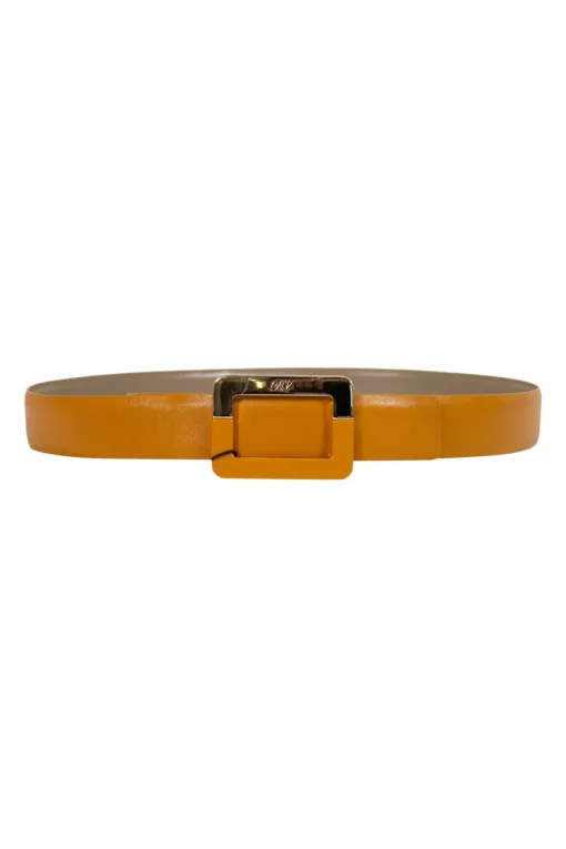 Roger Vivier mustard color leather belt, with signature rectangular belt in gold tone metal