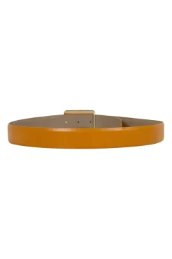 Roger Vivier mustard color leather belt, with signature rectangular belt in gold tone metal