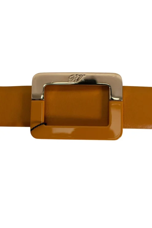 Roger Vivier mustard color leather belt, with signature rectangular belt in gold tone metal