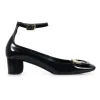 Roger Vivier square toe, 5cm heel pumps in black calf leather, with ankle strap and rectangular signature buckle in black and gold