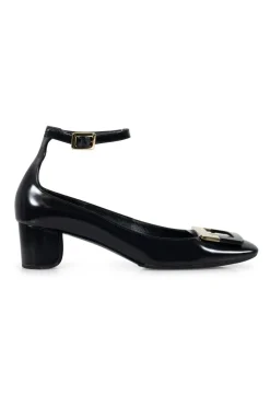Roger Vivier square toe, 5cm heel pumps in black calf leather, with ankle strap and rectangular signature buckle in black and gold