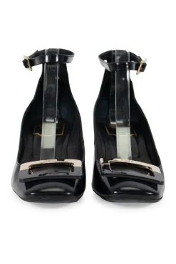 Roger Vivier square toe, 5cm heel pumps in black calf leather, with ankle strap and rectangular signature buckle in black and gold