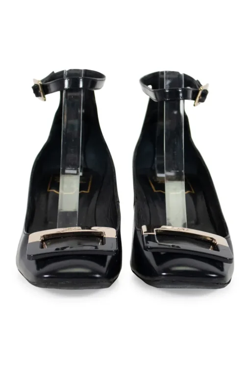 Roger Vivier square toe, 5cm heel pumps in black calf leather, with ankle strap and rectangular signature buckle in black and gold