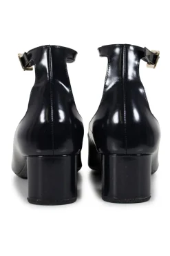 Roger Vivier square toe, 5cm heel pumps in black calf leather, with ankle strap and rectangular signature buckle in black and gold