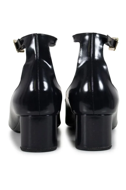 Roger Vivier square toe, 5cm heel pumps in black calf leather, with ankle strap and rectangular signature buckle in black and gold